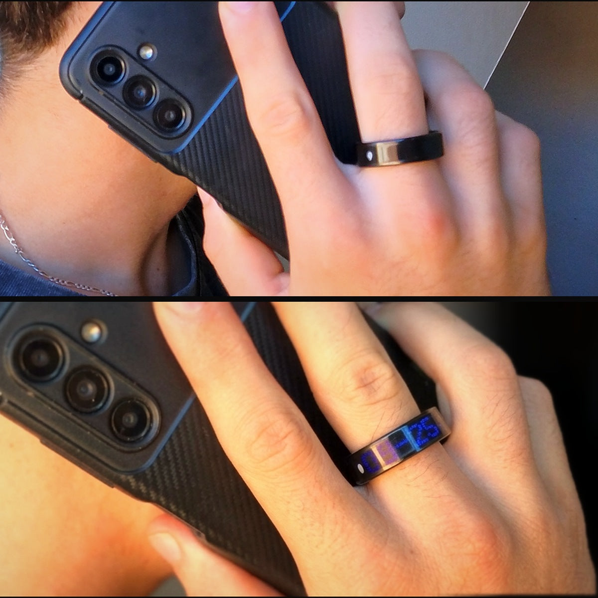 Main tenant un téléphone : en haut la bague connectée éteinte, en bas la même bague allumée affichant la date